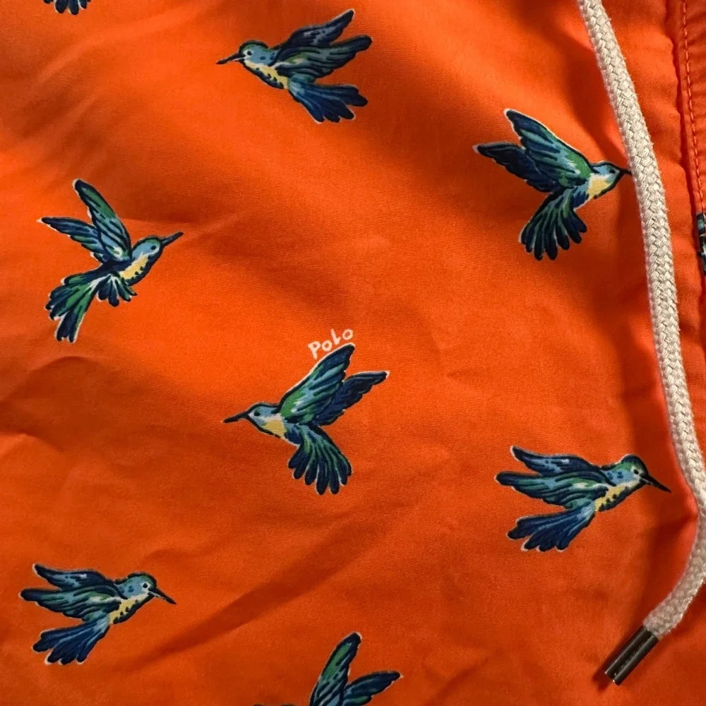 Polo Ralph Lauren Swim Trunks Mens L‎ Hummingbird Print Orange Drawstring Beach